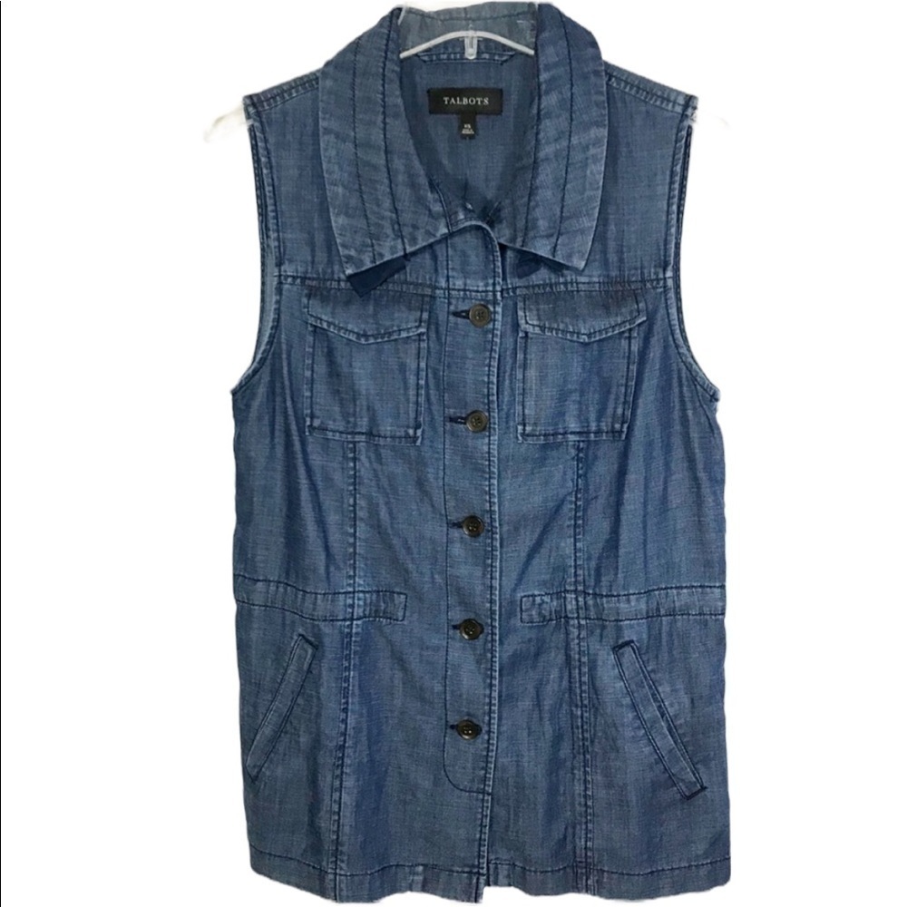 Talbots Blue Chambray Linen Blend Sleeveless Button Vest XS NWT Safari Pockets - Picture 2 of 10